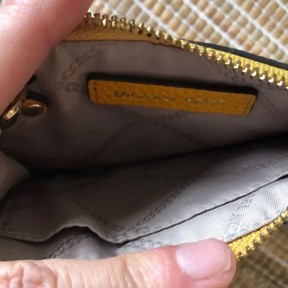Michael Kors, mustard, pebbled, leather wristlet, credit card, keychain, wallet